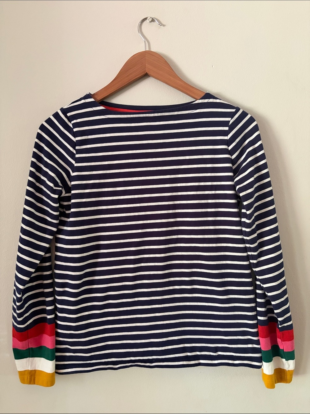Mini Boden Ella Navy & White Stripe Long-Sleeve Top wi/Colorblock Cuffs Sz 13-14